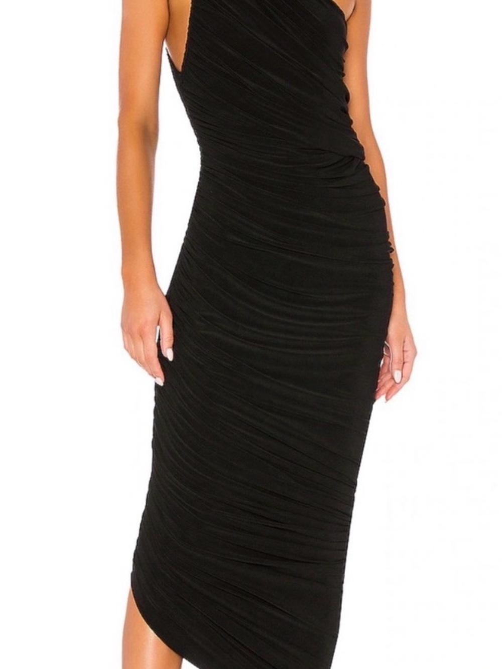 Norma Kamali Black One-Shoulder Ruched Midi Dress